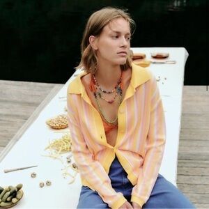 Zara Cardigan Womens Jacquard Button Front Long Sleeve Yellow Pink Striped